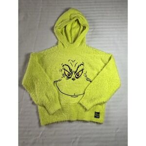 The Grinch By Justice girls  Lemon Green Fuzzy Sweater Embroidered Grinch Size L